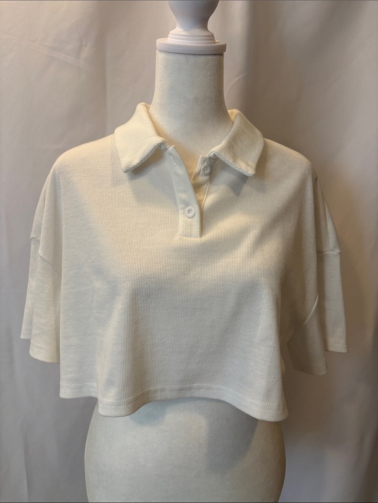 Tops - Cropped Polo Top in White - Relaxed Rib - see measurements